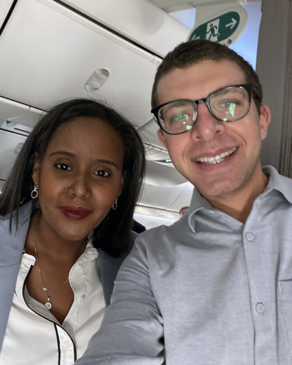Andrew with Minister of Aliyah Pnina Tamano Shata onboard the return flight to Israel.
