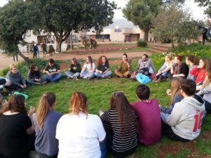 Netzer bogrim who have made aliyah and Shnat participants talking about Israel together, June 2018